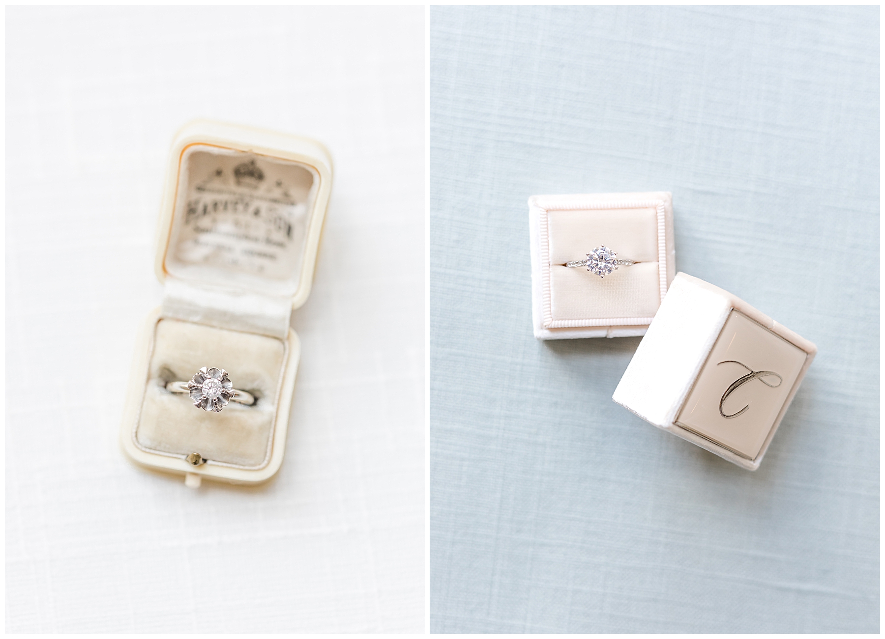 Legacy ring boxes used as heirloom pieces for a wedding.