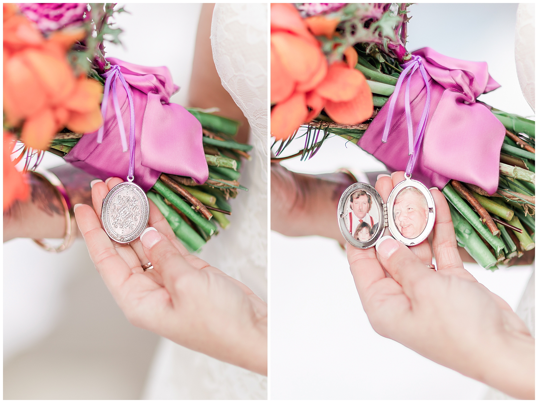 Father's photos in locket for bride's heirloom wedding details.