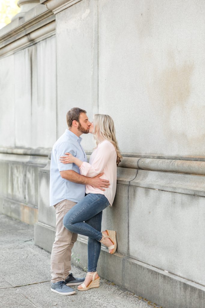 Couple kissing at Smith Memorial Arch Engagement Photos