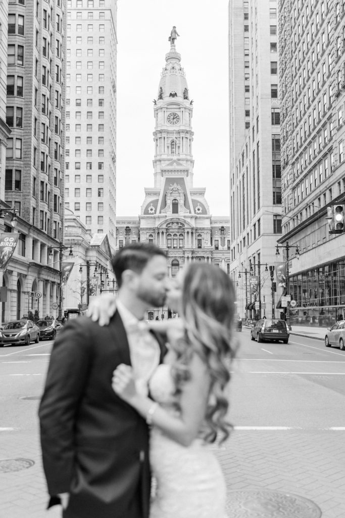 Bride and Groom kissing in Philadelphia City Hall Wedding Portraits