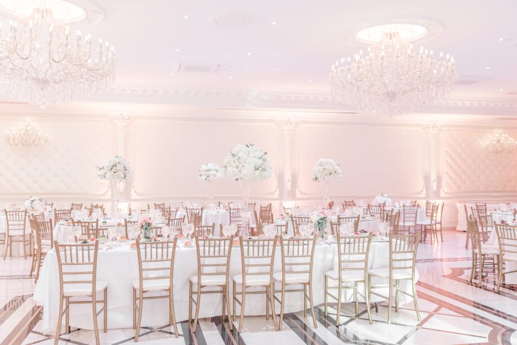 White and gold wedding reception decor at The Grand hotel