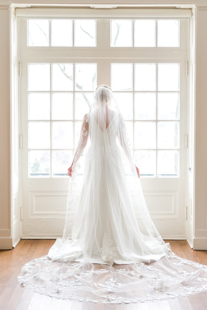 Bride in a line gown with lace veil