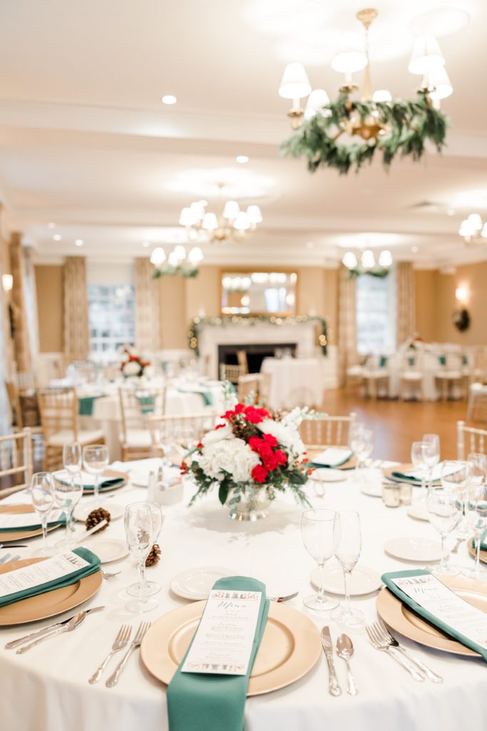 Wedding tables with Christmas themed wedding decorations