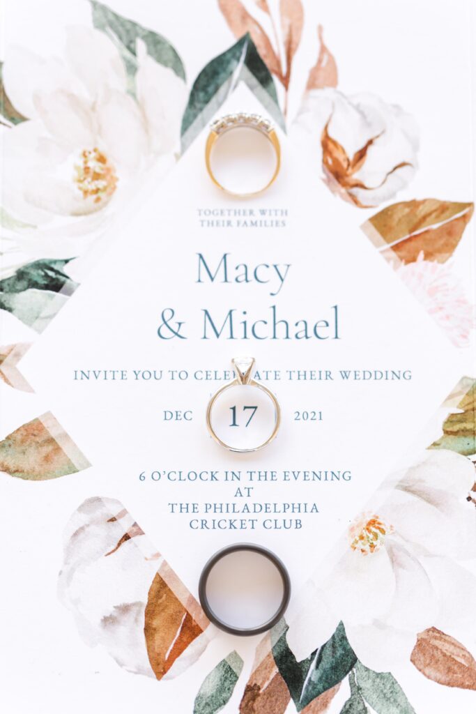 Wedding rings on floral invitation