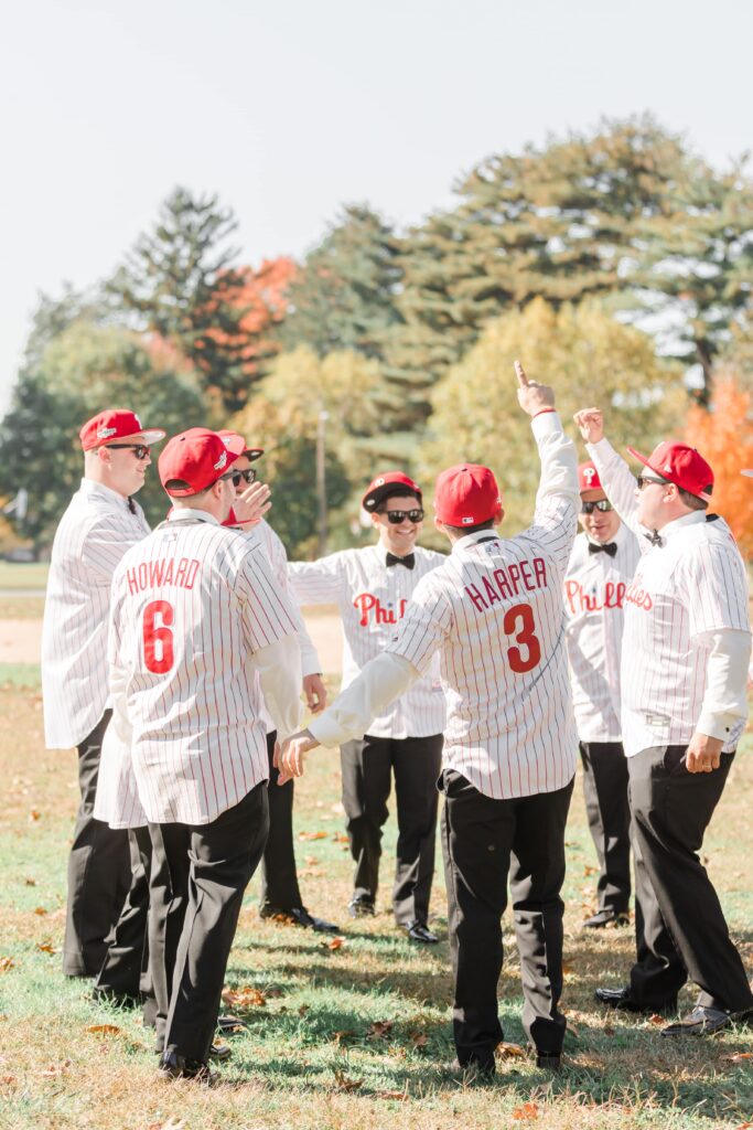 Groomsmen in jerseys for a Phillies-Themed Wedding