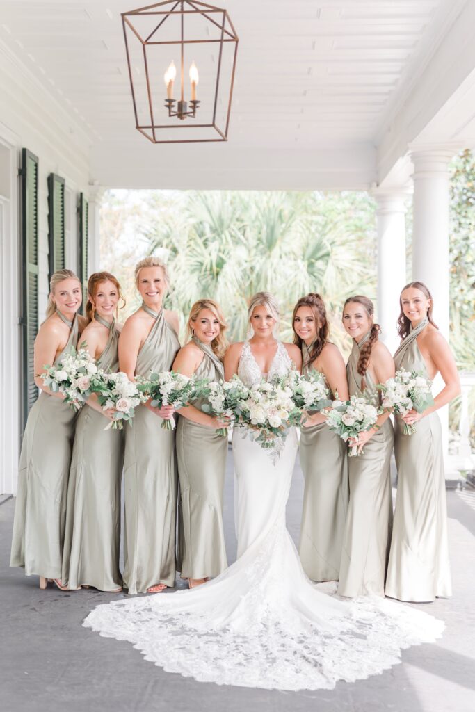 Bridesmaids in silk sage green bridesmaid dresses